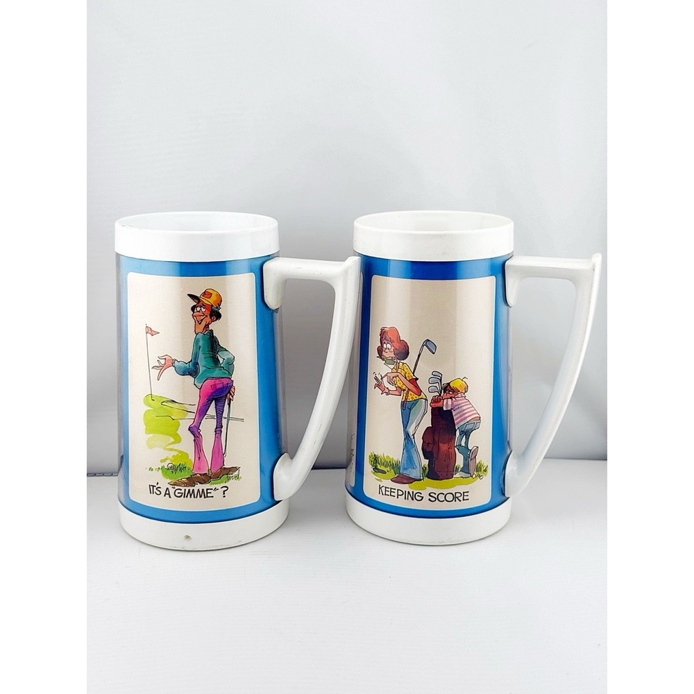 Vintage 1976 Thermo Serv Insulated Tankard Mugs, Set Of 2 Featuring Golf Humor